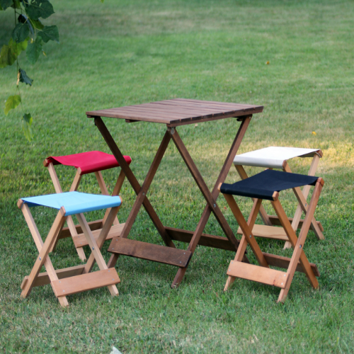 Ahşap Renkli Bez Tabure ve Masa Seti, Piknik Seti, Balkon Katlanır Masa ve Tabure Seti